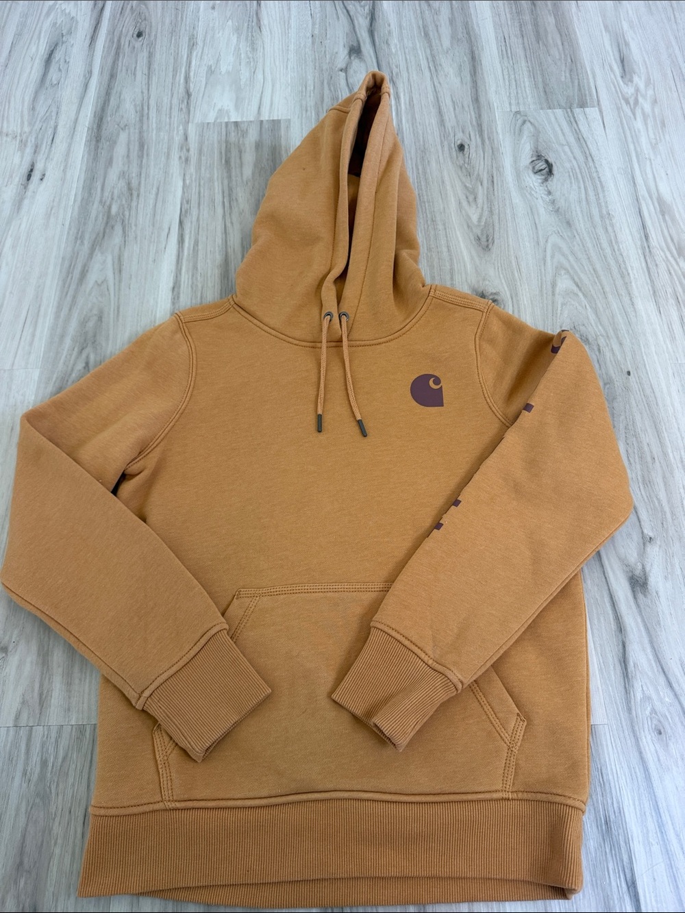 NWOT Women’s Carhartt Brown Hooded Sweatshirt with Script Sleeve Logo Sz Xs - Picture 6 of 11